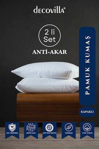 2 Li Anti-akar Pamuklu Flaplı Kapaklı Sıvı Geçirmez Yastık Alezi Beyaz