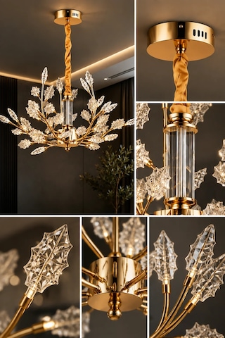Modern Premium Yaprak Detaylı Gold Led Avize Salon Yemek Odası Dekoratif Sarkıt Avize 28w