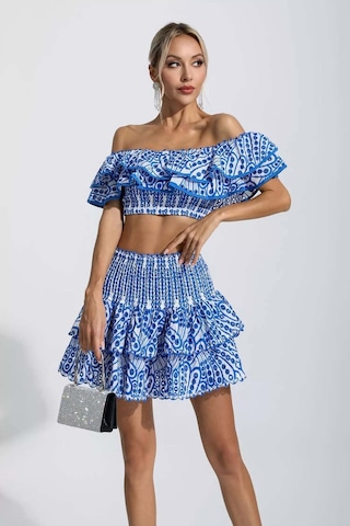Fashion Cocktail Korse Bandaj Kumaşlı Esnek Kabarık Etekli Tasarım Gece Davet Krop Etek Takım Mavi