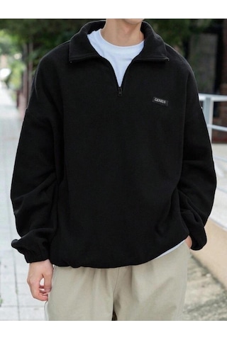 Genıus Store Erkek Polar Oversize Sweatshirt Polar Sweatshirt Siyah