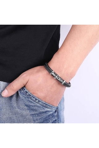 Punk Paslanmaz Çelik Örgülü Erkek Deri Bileklik Erkek Deri İp Eklemli Titanyum Çelik Bileklik Siyah