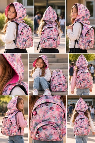 Unisex Su Geçirmez Flamingo Ve Unicorn Desenli Çıkarılabilir Kapüşonlu Sırt Çantası Çok Renkli