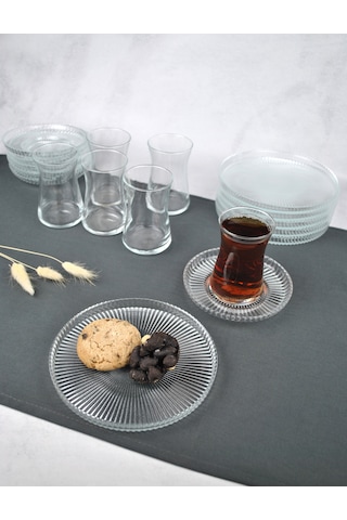 18 Parça Cam Çay Seti Takımı - Pasta Tabağı - Çay Bardağı Ve Çay