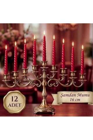 12 Adet Kıvrımlı Şamdan Mumu Kırmızı 16 Cm Dekoratif Uzun Mum Seti Kırımızı