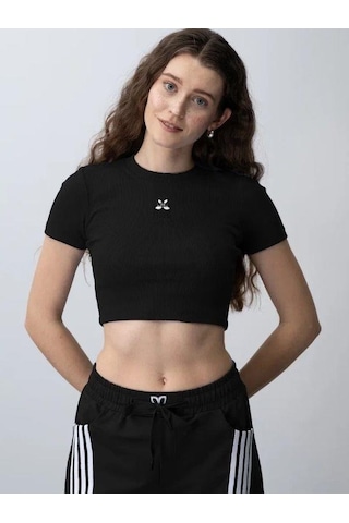 Zekids Kız Çocuk Fitilli Yarım Kollu Crop T-shirt-15799 Siyah