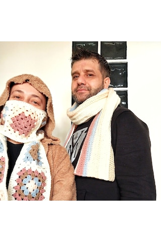 Çizgili El Yapımı Erkek Fular, Örgü Erkek Atkısı , Unisex Fular Açık Bej