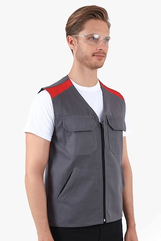 V Yakalı Yelek Gri - Kırmızı