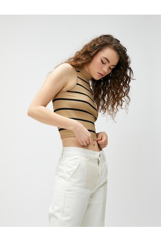 Koton Crop Atlet Dik Yaka Fitilli Desenli Bej Çizgili 3sal30103ık 3SAL30103IK0S5