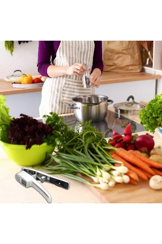 2'si 1 Arada Sarımsak Kıyma Aleti, Hızlı Dilimleme Ve Ezme İçin Çift İşlevli Sarımsak Ezici, Sıkması Kolay Sağlam Ve Ergonomik Alüminyum Alaşımlı Pres Seti Siyah