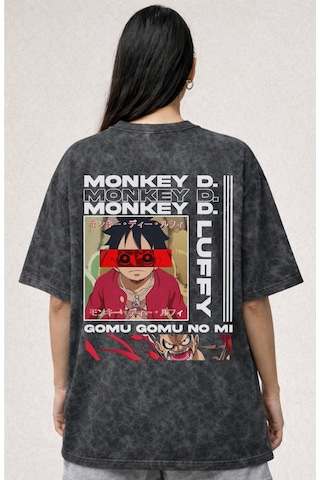 Monkey D. Luffy One Piece Anime Baskılı Unisex Oversize Vintage Y Siyah