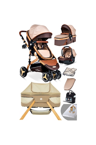 Baby Home Yeni Doğan 9 İn 1 Full Takım 945 Travel Sistem Bebek Arabası Angel Sepet Anne Yanı Beşik Altın - Kahverengi