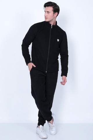 Lukitus Tam Fermuarlı Polar Erkek Eşofman Takımı - Siyah