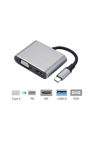 Pazly 4'ü 1 Arada Hub, Type-c'den Hd Vga Adaptörü, Usb-c Çoklu Port Dönüştürücü, 4k Hd Çıkış, Usb3.0 Pd Şarj, Macbook Uyumluluğu