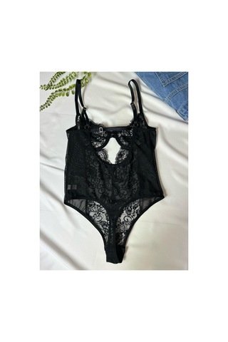 La Linaa Elanor Siyah Çıtçıtlı Dantelli Transparan Balenli Bodysuit Siyah - 699340148 Siyah