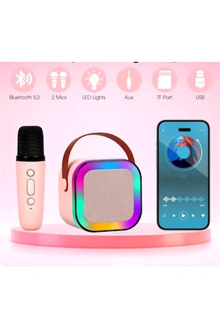 Kareoke Mikrofonu Hoparlör Çift Mikrofon Seti Rgb Işıklı