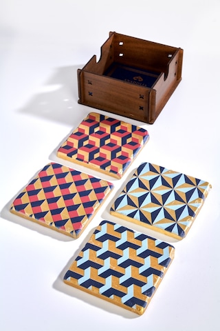 Geometrik Desen Altın Varaklı 4'lü Traverten Bardak Altlığı Çok Renkli