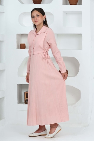 Kız Çocuk Uzun Boy Gofre Kumaş Jile & Elbise İki Parça Takım Astarlı Zarif Set-4948 Pudra