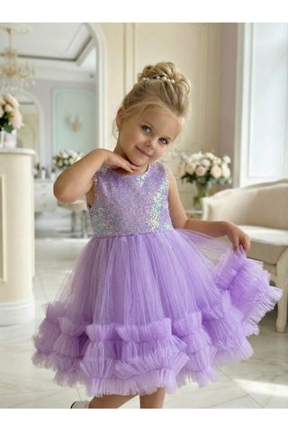 Butikhappykids Kız Çocuk Lila Payetli Volanlı Tüllü Prenses Abiye Elbise 1-6 Yaş Lila