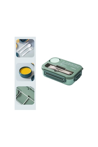 Pratik Ve Şık Taşınabilir 3 Bölmeli Bento Yemek Kabı, Mikrodalgaya Uygun Öğrenci Ve Ofis Çalışanları İçin Yemek Saklama Kutusu, Çatal Kaşık Dahil Yeşil