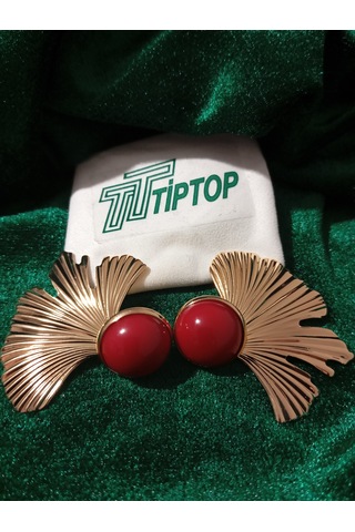 Tiptop/ Bordo Mineli Gold Yaprak Küpe Altın - Kırmızı