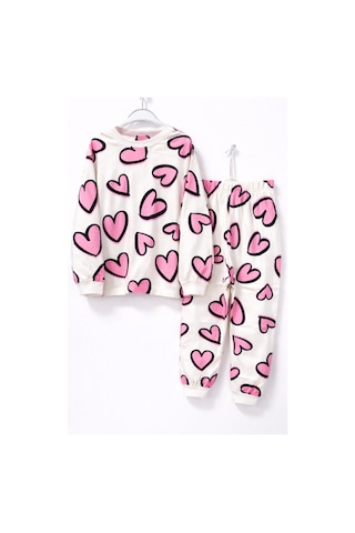 Pembe Kalpler Kız Çocuk Pijama Takımı Beyaz