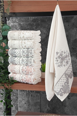 Güpürlü Kadife Nakış İşlemeli Desenli Kutulu Lüks Çeyizlik 6'lı El Yüz Havlu Seti 50x90 - 00274 Çok Renkli