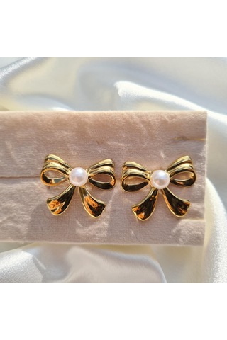 Luxe Pearl Bow Küpe Altın