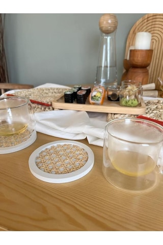 2 Li Rattan Hazeran Bardak Altlığı Beyaz %100 Doğal Hazeran Beyaz