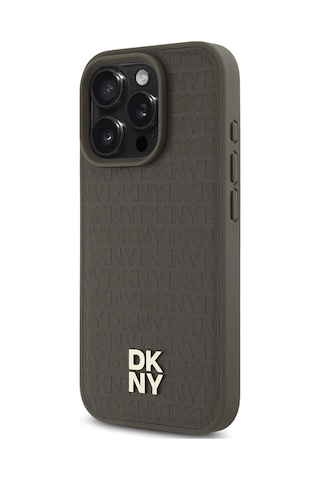 Apple Uyumlu iPhone 16 Pro Kılıf Dkny Lisanslı M-safe Şarj Özellikli 3d Yazılı Repeat Pattern Kapak Kahverengi