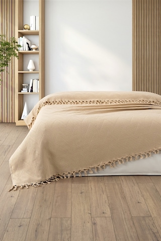 %100 Pamuk Çift Kişilik Bağlama Saçaklı Pike-220x240 Cm-kapuçino Cappuccıno Cappuccino