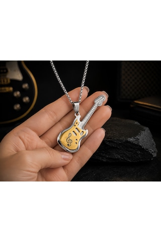 Paslanmaz Çelik Gitar Kolye Gold Gümüş Renk Sol Anahtarı Tasarım Gitar Kolye Altın - Gümüş