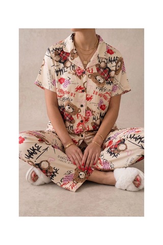 Angbutik Ekru Ayıcık Desenli Kısa Kollu Gömlek Yaka Milan Kumaş Kadın Pijama Takımı