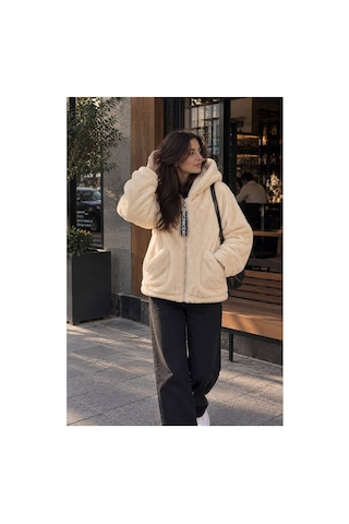 Öners Kadın Kapşonlu Peluş Fermuarlı Sweat Oversize Yumuşak Polar Hoodie Kışlık Sıcak Tutucu Bej Bej
