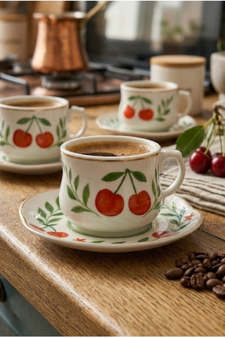 Acar Kiraz Desenli 6 Kişilik Kahve Fincanı Takımı 90 Ml 09502 Beyaz