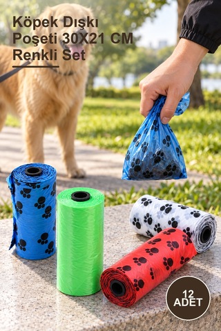 12 Adet Köpek Dışkı Poşeti 30x21 Cm Renkli Set