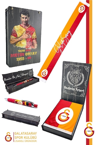 Galatasaray Lisanslı Şal Kaşkol Atkı Ve Premium Uçlu Kalem Set Aslan Baskılı Ahşap Kutulu Sarı - Kırmızı