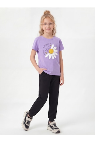 Panios Kids Yuvarlak Yaka Tişörtlü Uzun Eşofman Altlı Baskı Detaylı Kız Çocuk Alt Üst Takım Mor