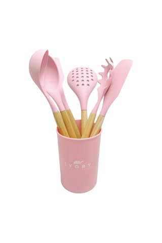 Ivory Doğal Bambu Saplı %100 Silikon Mutfak Seti 6 Parça Pembe Pembe