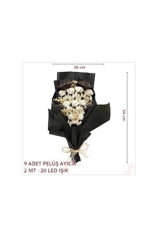 9 Pelüş Ayıcıklı, Kuru Çiçekli Ve Led Işıklı Buket, 54x36cm