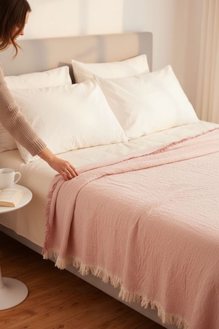 4 Mevsime Uygun Koltuk Şalı , Yatak Örtüsü , Pamuklu Müslin Tek Kişilik Pike 160 X 220 Cm - Rose Kırmızı