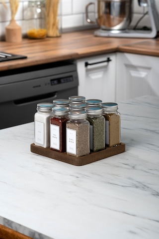 Mienda Home 9'lu Ahşap Standlı Cam Baharatlık Seti Kapaklı Etiketli Baharatlık Mh01slvr09 Beyaz - Şeffaf
