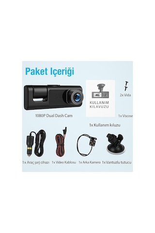 Üç Kameralı Wi-fi Araç İçi Güvenlik Kamerası G-sensor 1080p Hd Gece Görüşlü - 771632804