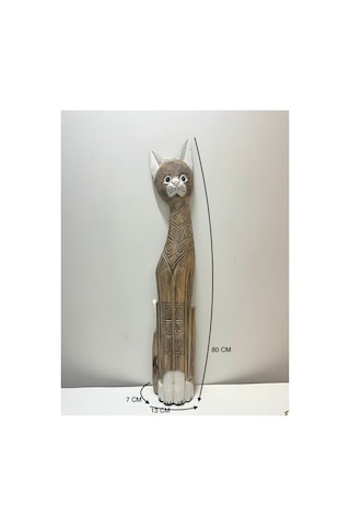 Ahşap Dekoratif Kedi 80 Cm K.kahve Otantik El Yapımı Biblo