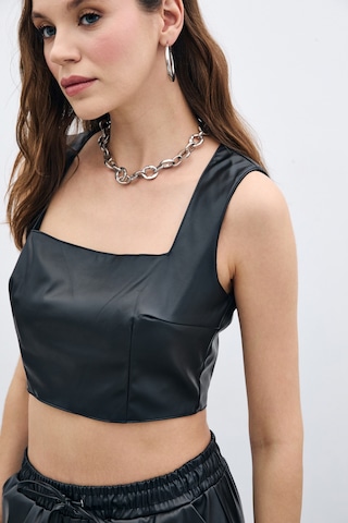Sateen Kare Yaka Deri Crop - Siyah-135667 Siyah