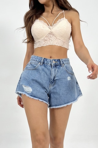 Fashion Cocktail Çan Etek İllüzyonlu Etek Uçları Püsküllü Yırtık Detaylı Ve Geniş Paçalı Sökük Yırtık Eskitme Detaylı Yüksek Bel Cepli Spor Denim Kot Şort mavi