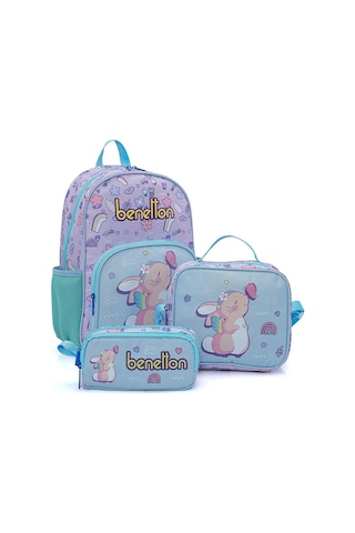 Benetton Turkuaz Mor Tavşan Baskılı Kız Çocuk Okul Çanta Seti 21033 Mor