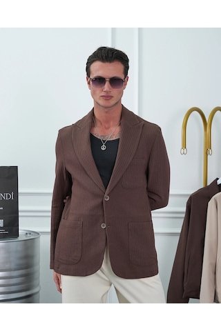 Modefendi %100 Pamuk Keten Modern Fit Keten Ceket Kahverengi