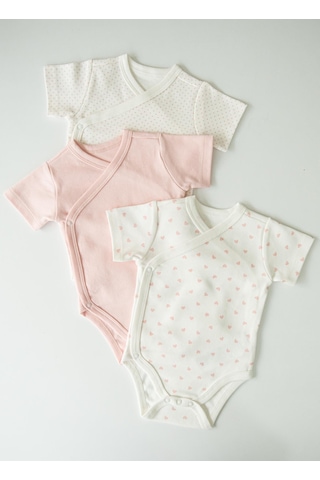 KitiKate Organik New Dreams 3'lü Kısa Kol Kruvaze Body Pembe
