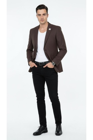 Plus Scorpion Erkek Mono Yaka Tek Düğmeli Çift Yırtmaçlı Blazer Ceket Premium Dokuma Kumaş, 8 Renk Kahverengi