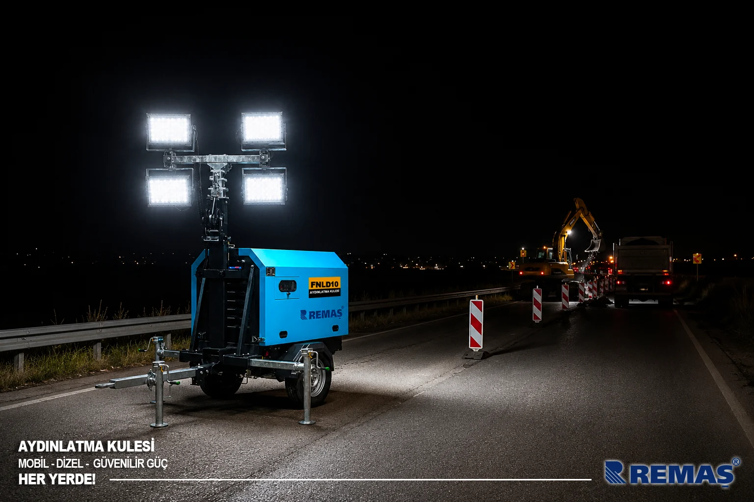 Remaş Mobil Aydınlatma Kulesi 4x250W 8KVA Portatif Işık Kulesi Işıldak Marşlı Dizel Jeneratör